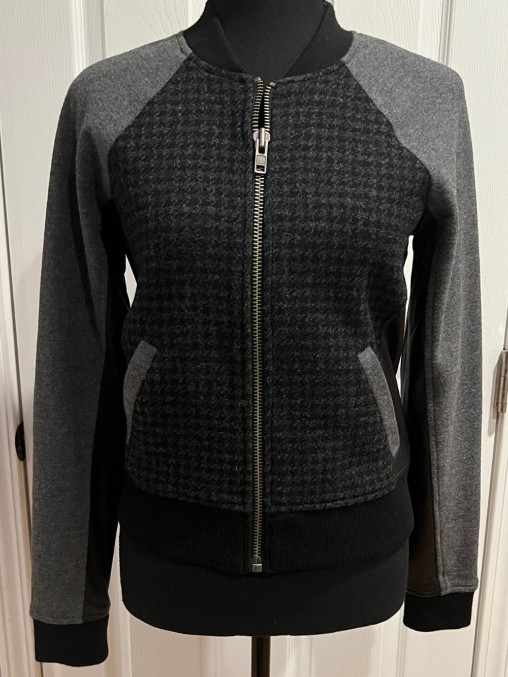 J. Crew Womens Grey & Black Bomber Jacket leather accents